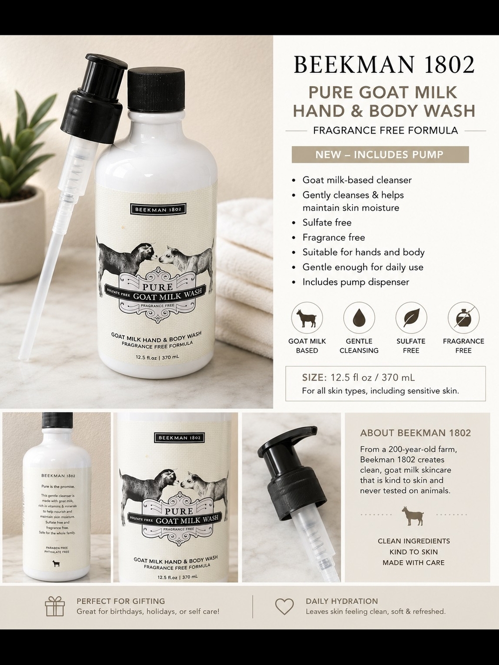 Beekman 1802 Pure Goat Milk Hand & Body Wash 12.5 oz New